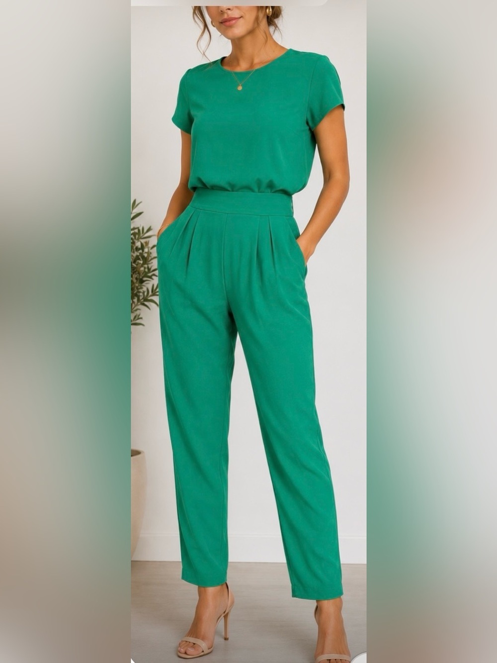 Vintage 80s 90s green Two Piece Set | High Waist Pants & Blouse | Petite